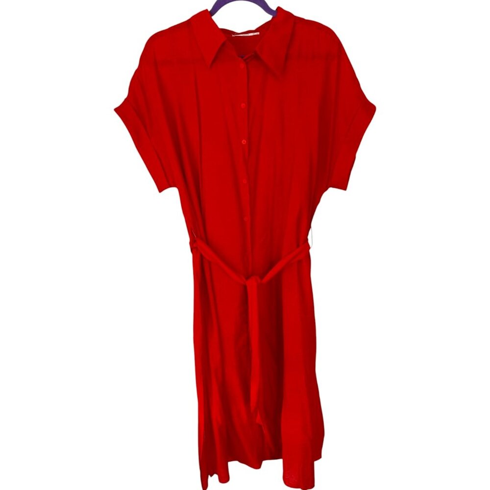 Mango Red Button-Front Midi Shirt Dress